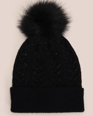 Womens Black Diamante Bobble Beanie Hat