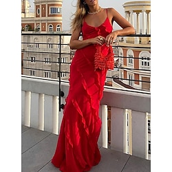 Women's Black Dress Prom Dress Party Dress Ruffle Split Spaghetti Strap Sleeveless Wedding Guest Vacation Black Red Summer Spring