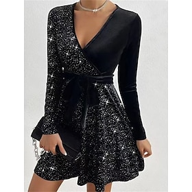 Women's Black Dress Velvet Dress Sequin Dress Velvet Sequins Glitter V Neck Long Sleeve Mini Dress Winter Dress Black Red Fall Winter