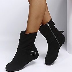 Women's Black Faux Suede Ankle Boots with Side Zipper and Buckle Detail - Perfect for Casual and Everyday Wear