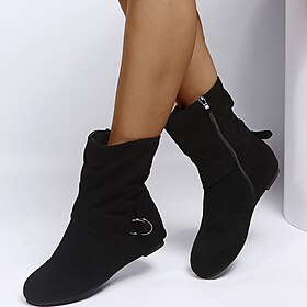 Women's Black Faux Suede Ankle Boots with Side Zipper and Buckle Detail - Perfect for Casual and Everyday Wear