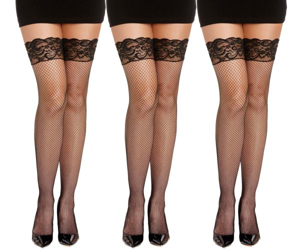 Women's Black Fishnet Thigh High with Top Lace Multi-Pack | Fancy Dress Costume Tights