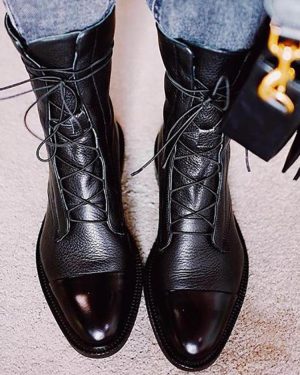 Women's Black Flat Ankle Boots Round Toe Lace Up Booties