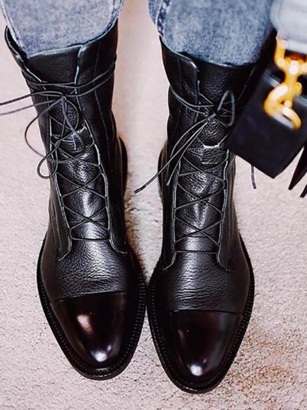 Women's Black Flat Ankle Boots Round Toe Lace Up Booties