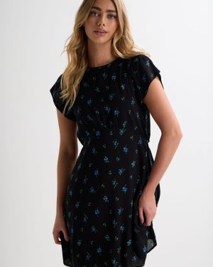 Womens Black Floral Short Sleeve Mini Tea Dress