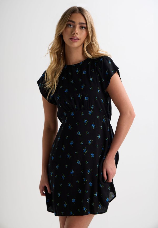 Womens Black Floral Short Sleeve Mini Tea Dress