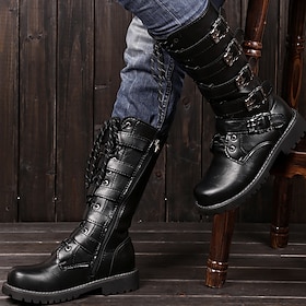 Women's Black Gothic Motorcycle Boots with Skull Buckle Straps and Rugged Sole, Punk Rock Combat Boots for Biker Style