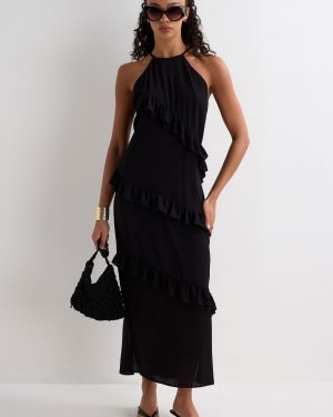 Womens Black Halter Ruffle Maxi Dress