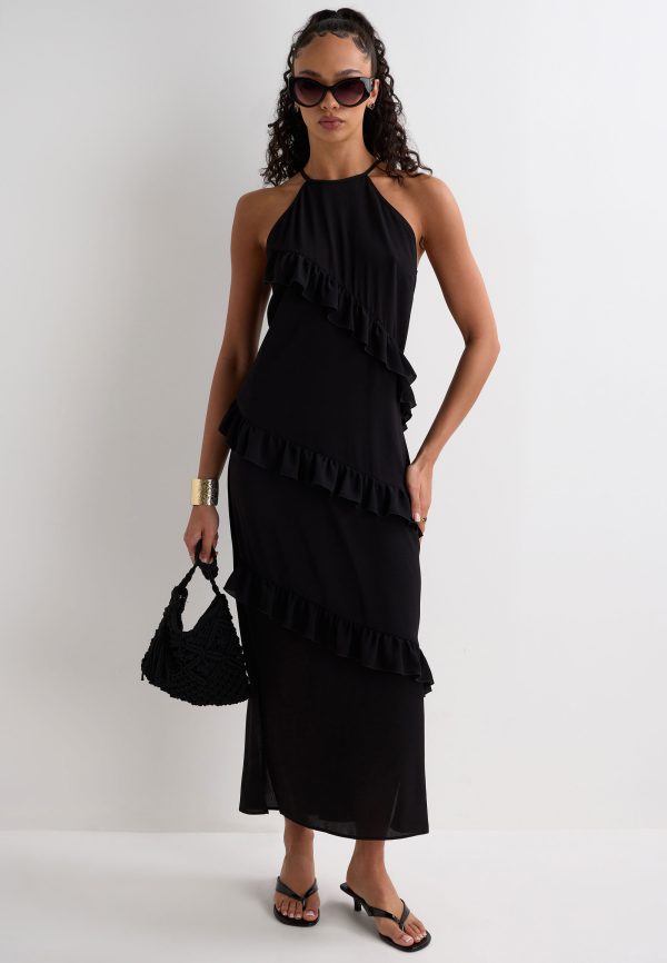 Womens Black Halter Ruffle Maxi Dress