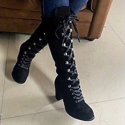 Women's Black Lace-Up Knee-High Boots with Block Heels - Elegant and Edgy for Fall and Winter, Ideal for Casual Wear, Parties, and Nights Out