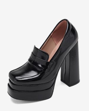 Women's Black Loafers High Heel Platform Suqare Toe Slip On Pumps