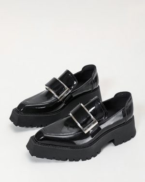 Women's Black Loafers Metal Details Platform Slip On Loafer Shoes