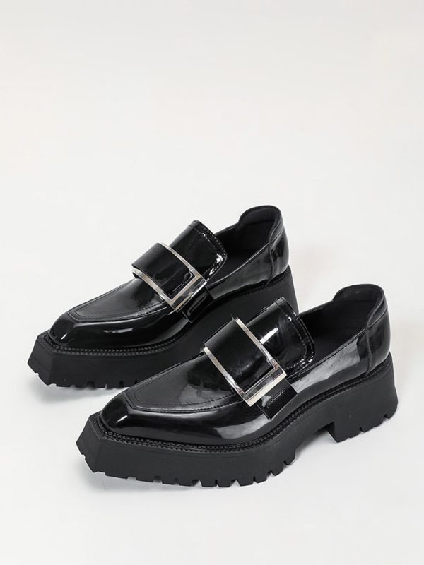 Women's Black Loafers Metal Details Platform Slip On Loafer Shoes