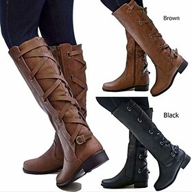 Women's Black Motorcycle Boots with Side Lace-Up and Buckle Detail - Stylish High Knee Riding Boots