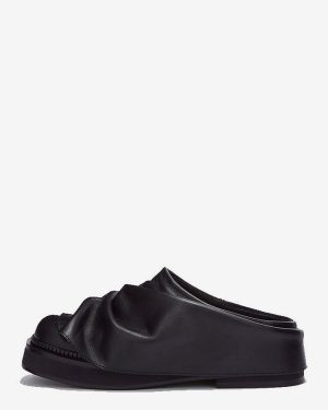 Women's Black Mules Square Toe Ruched Backless Loafers