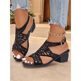 Women's Black Open-Toe Heeled Sandals with Decorative Crisscross Straps and Rhinestone Detailing - Stylish and Comfortable for Casual or Evening Wear