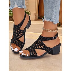 Women's Black Open-Toe Heeled Sandals with Decorative Crisscross Straps and Rhinestone Detailing - Stylish and Comfortable for Casual or Evening Wear