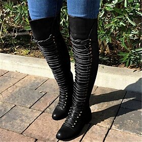 Women's Black Over-the-Knee Lace-Up Boots - Stylish High Faux Leather Boots with Rugged Sole for Outdoor and Fashion Occasions