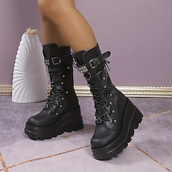 Women's Black Platform Lace-Up Motorcycle Boots with Studded Buckles, Gothic Style for Night Out and Alternative Fashion