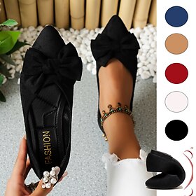 Women's Black Pointed Toe Flats with Bow - Elegant Slip-On Loafers for Ladies, Comfortable Casual Shoes for Work, Office, and Daily Wear