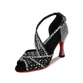 Women's Black Rhinestone Latin Dance Shoes - Peep-Toe High Heel Ballroom Salsa Sandals for Performance Competition