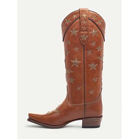 Women's Black Star-Patterned Western Cowboy Boots with White Contrast Embellishments - Stylish Faux Leather Boots for Rodeo, Country, and Casual Wear