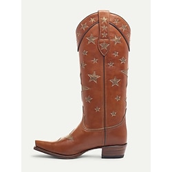Women's Black Star-Patterned Western Cowboy Boots with White Contrast Embellishments - Stylish Faux Leather Boots for Rodeo, Country, and Casual Wear