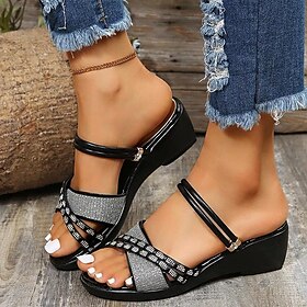 Women's Black Wedge Sandals - Sparkly Rhinestone Strappy Slip-On Shoes for Summer, Casual Party Wear