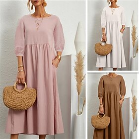 Women's Black White Light Green Summer Spring Midi Dress Linen-Inspired Dresses Smock Dress Solid Basic Casual Vacation Gift Holiday Loose Fit Crew Neck