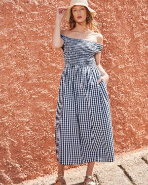 Womens Black & White Gingham Print Bardot Midi Dress