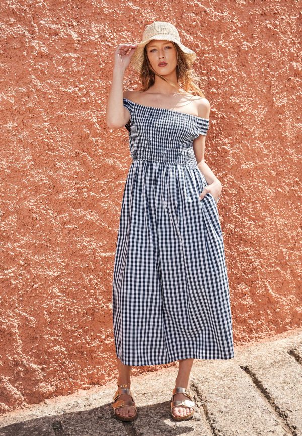 Womens Black & White Gingham Print Bardot Midi Dress