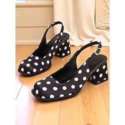 Women's Black and White Polka Dot Slingback Block Heel Pumps - Retro Vintage Style Dress Shoes for Parties, Office, and Daily Wear