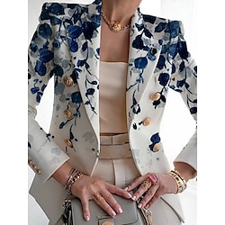 Women's Blazer Breathable Comfortable Print Elegant Casual Leaf Formal Work Office / Career Double Breasted Regular Turndown Regular Fit Long Sleeve Outerwear White Navy Blue Blue Summer