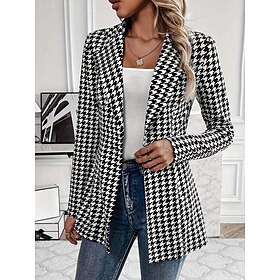 Women's Blazer Outdoor Print Check Breathable Stylish Regular Fit Outerwear Long Sleeve Fall Black S