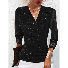 Women's Blouse Solid Color Stylish Casual Long Sleeve V Neck Regular Tops Daily Mesh Patchwork Black Red Camel Purple Brown Summer Spring