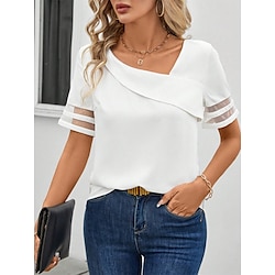 Women's Blouse Solid Color Stylish Modern Casual Short Sleeve V Neck Regular Tops Daily Mesh Patchwork White Summer Spring