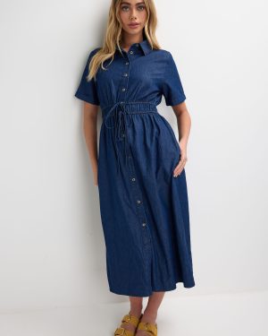Womens Blue Denim Look Midi Shirt Dress