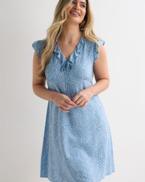 Womens Blue Ditsy Print Ruffle Sleeve Tea Dress
