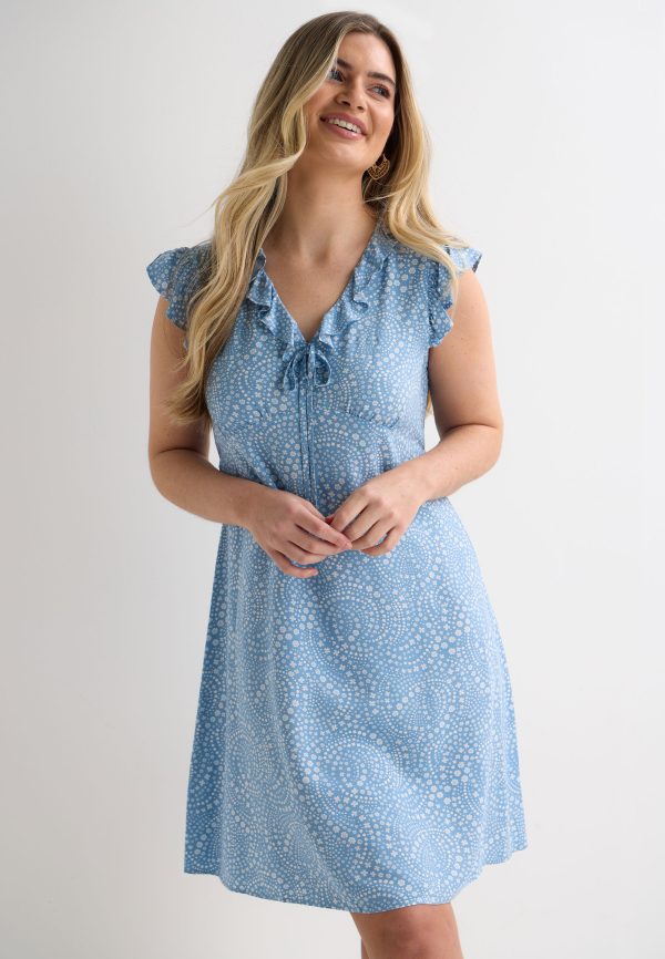 Womens Blue Ditsy Print Ruffle Sleeve Tea Dress