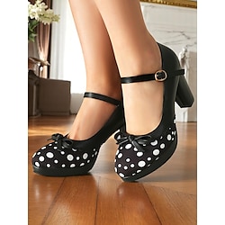 Women's Blue Polka Dot Block Heel Mary Janes - 1950s Vintage Style with Bows, Ideal for Tea Parties, Dates Lolita Fashion