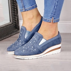 Women's Blue Slip-On Wedge Sneakers - Casual Rhinestone-Embellished Platform Loafers for Everyday Comfort Fashion