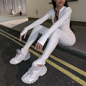 Women's Bodysuit Front Zipper High Neck Solid Color Sport Athleisure Bodysuit Clothing Suit Long Sleeve Breathable Moisture Wicking Soft Comfortable Exercise