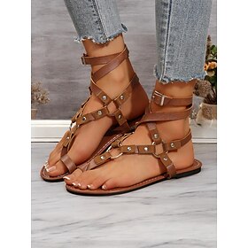 Women's Bohemian Gladiator Sandals - Lace-Up Flat Roman Style Strappy Shoes with Studded Details for Summer, Beach Casual Wear