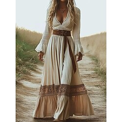 Women's Boho Dress Western Dress Vintage Midi Dress Summer Dress Slip Dress Vacation Casual Boho Party Daily Holiday Regular Fit Plain Long Sleeve Spaghetti Strap Beige Summer Spring
