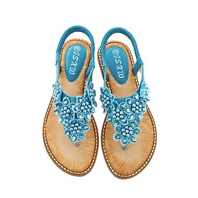 Women's Boho Floral Beaded Sandals - Casual Elastic Strap Summer Flip-Flops with Embellished Design for Beach or Casual Outfits