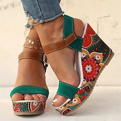 Women's Boho Floral Wedge Sandals - Open-Toe Platform Design with Adjustable Straps for Casual Summer Outfits