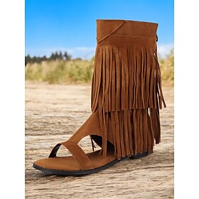 Women's Boho Fringe Gladiator Sandals - Open-Toe Flat Sandals with Tassel Detailing for Summer Beachwear, Festivals, and Casual Outfits
