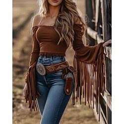 Women's Boho Shirt Blouse Plain Boho Long Sleeve Off Shoulder Crop Tops Holiday Going out Fringe Black Brown Summer