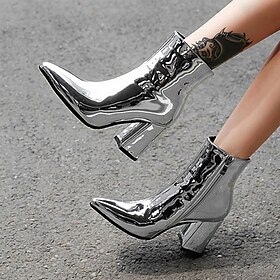 Women's Boots Metallic Boots Heel Boots Outdoor Office Daily Solid Colored Fleece Lined Booties Ankle Boots Winter Block Heel Chunky Heel Pointed Toe Casual Mi
