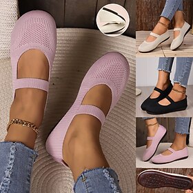 Women's Breathable Knit Fabric Mary Jane Flats - Comfortable Elastic Strap Slip-On Ballet Shoes for Daily Wear